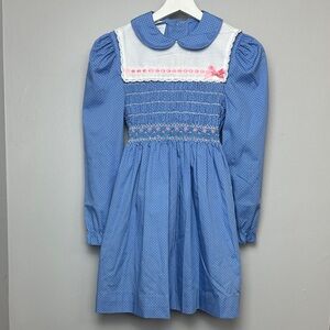 Charming Vintage Polly Flinders Blue Smocked Dress with Peter Pan Collar